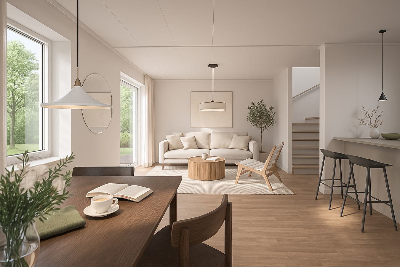 Invändig rendering av ett vardagsrum