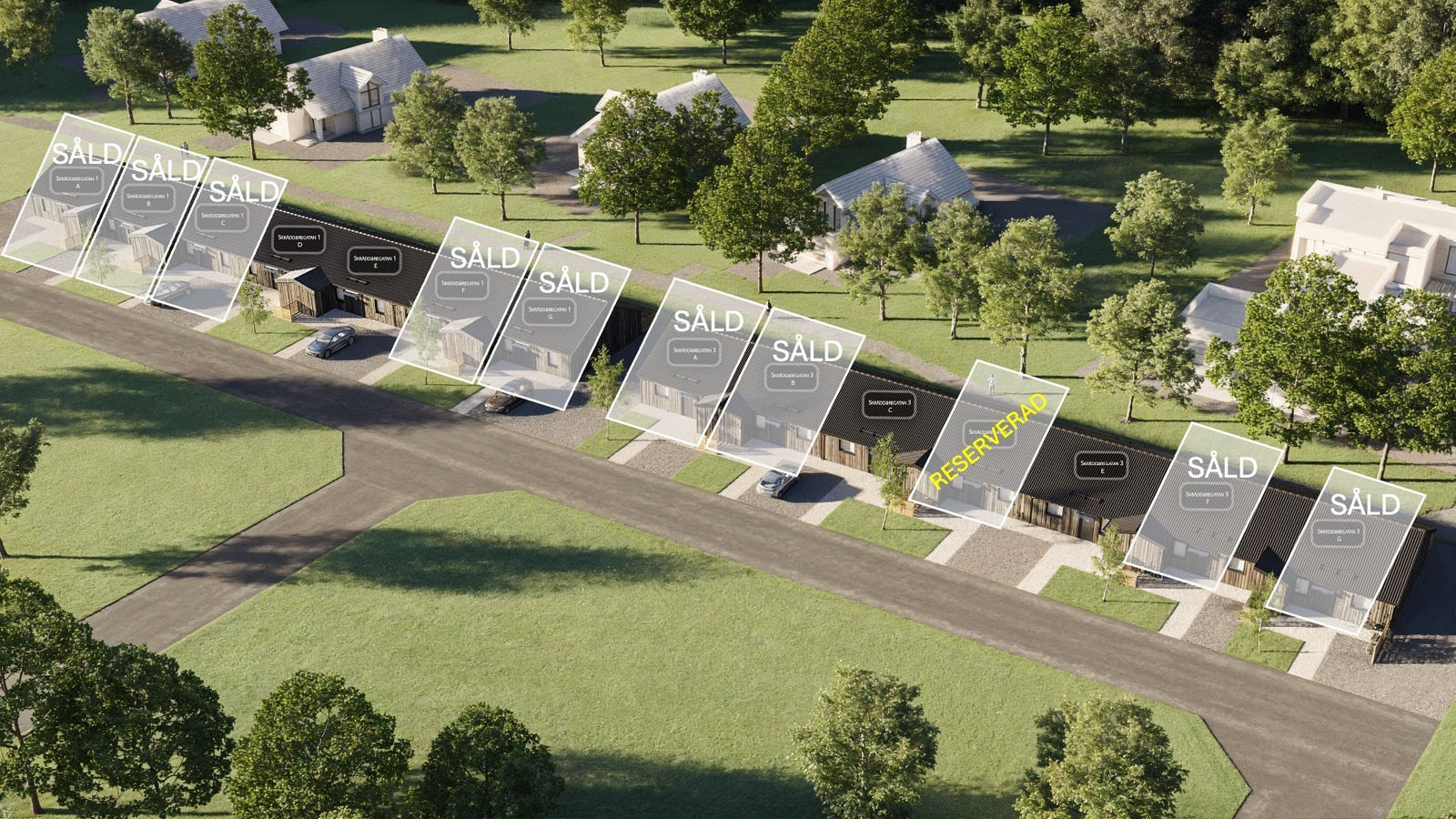 Rendering som visar vilka hus som är sålda respektive reserverade.