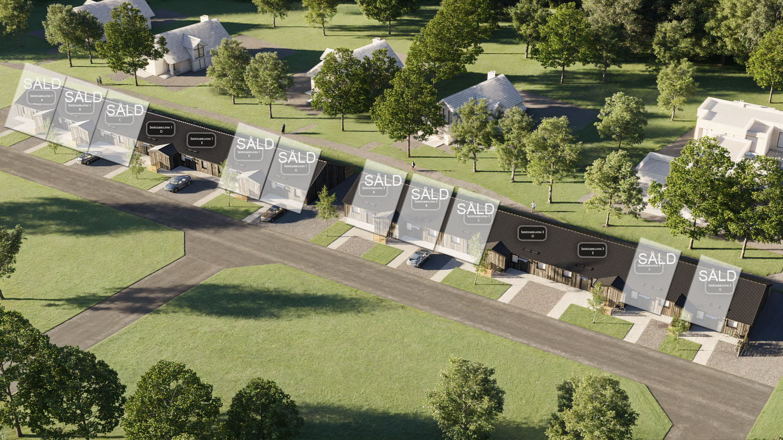 Rendering som visar vilka hus som är sålda.