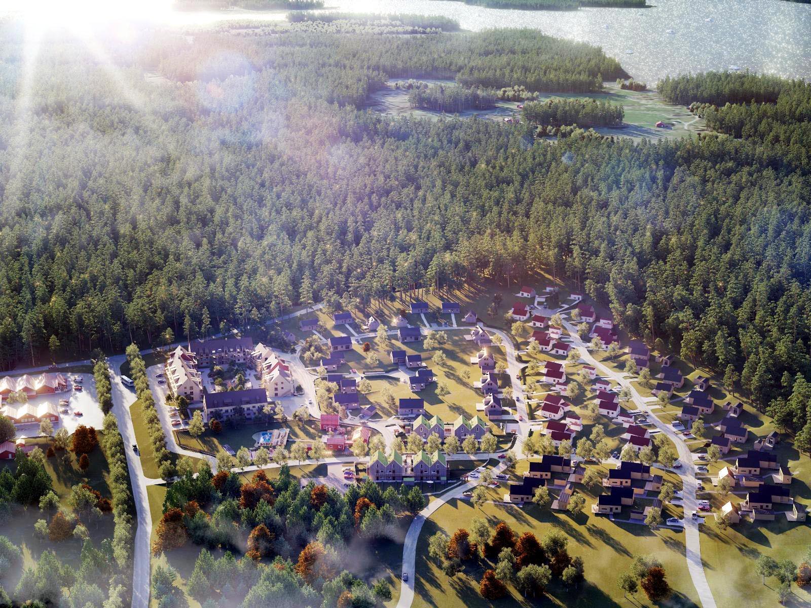 Renderad översiktsvy över fastigheten Österåker Mellansjö 1:32 vid färdigställande.