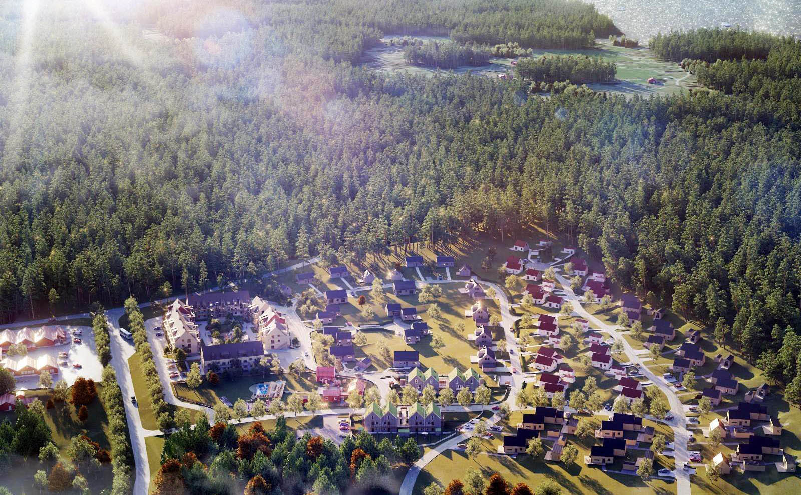 Renderad översiktsvy över Ljusterö Skärgårdsby.