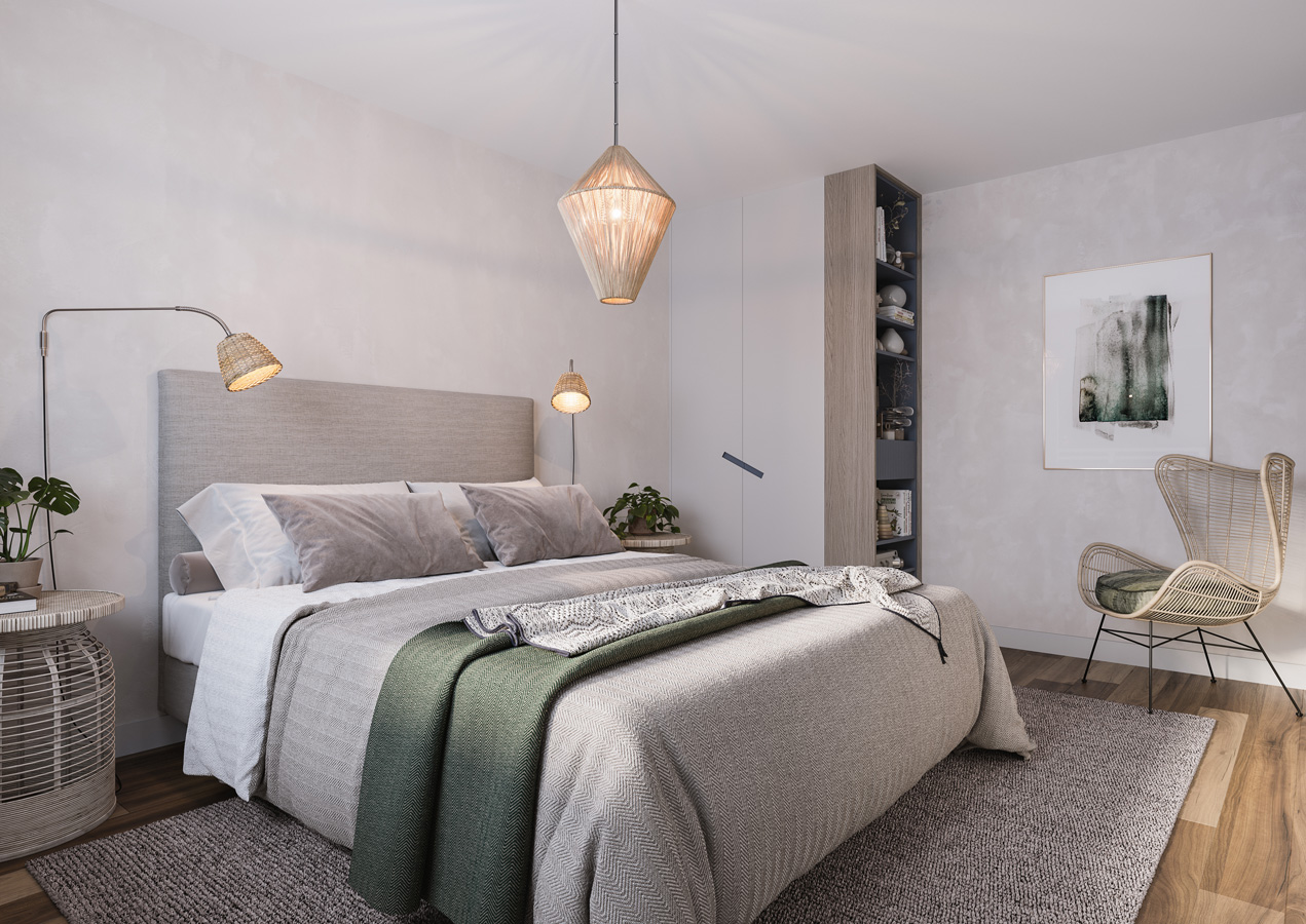 Rendering som visar sovrum.