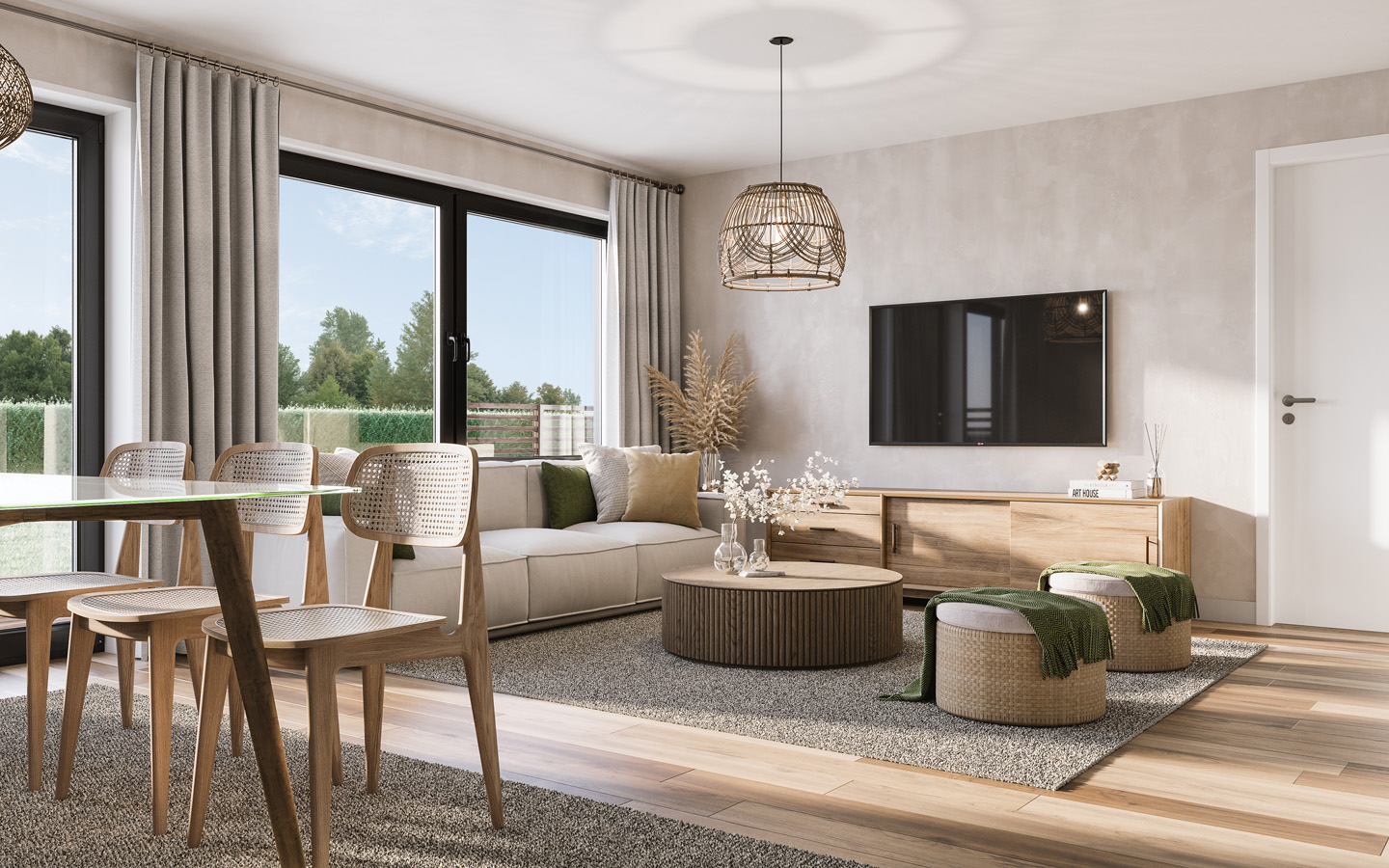 Rendering som visar vardagsrum.