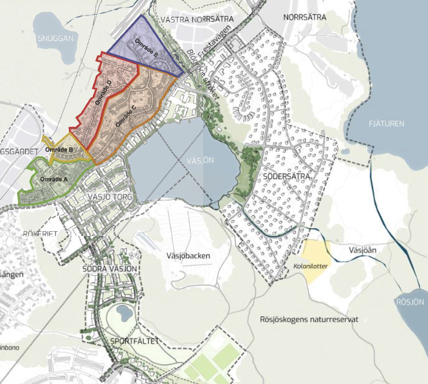 Översiktsbild över den planerade byggnationen vid området runt Väsjön.