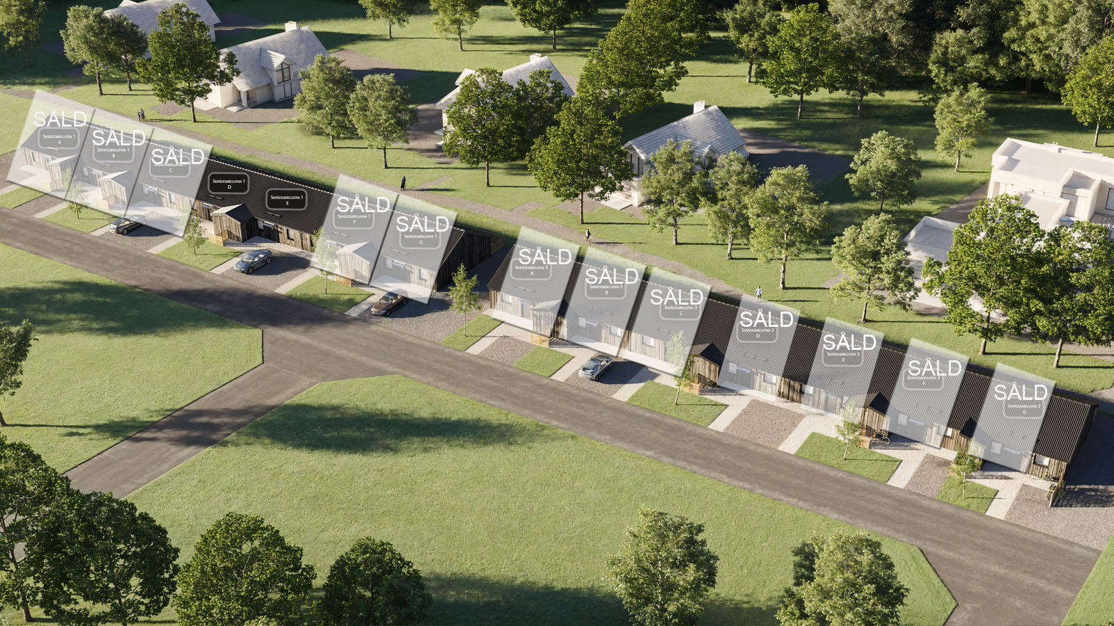 Rendering som visar vilka hus som är sålda.