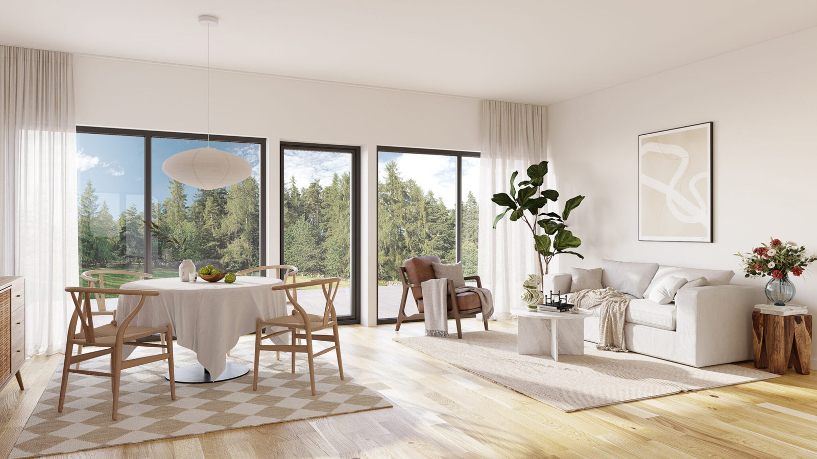 Rendering som visar vardagsrum.