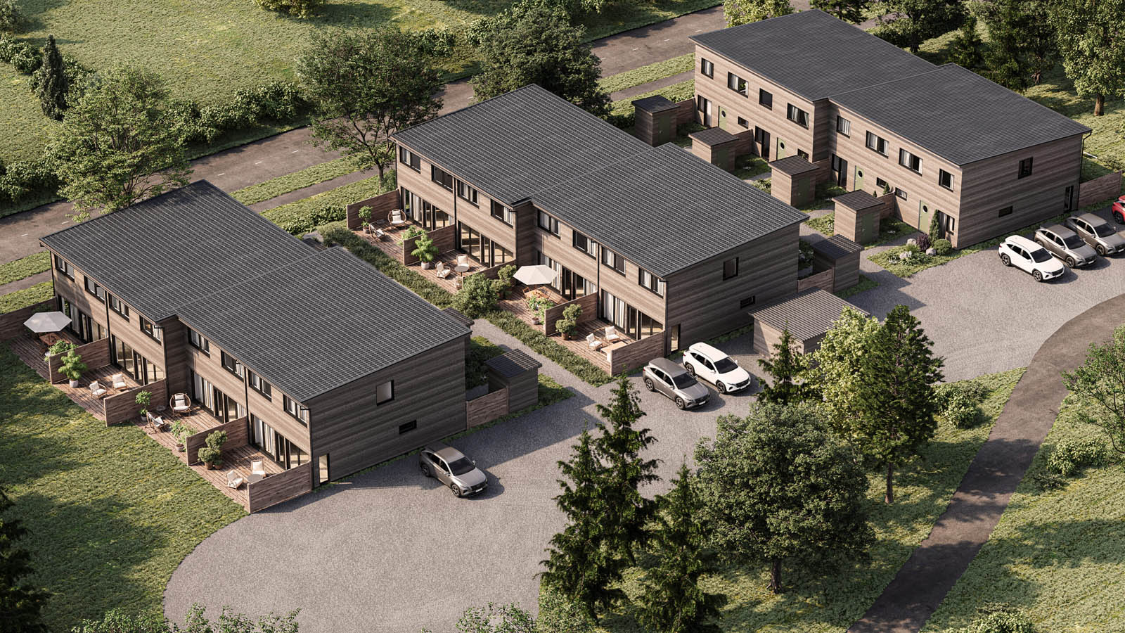 Rendering över de färdiga husen.